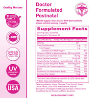 Postnatal vitamins for breastfeeding supplement facts from Pink Stork for new mothers.