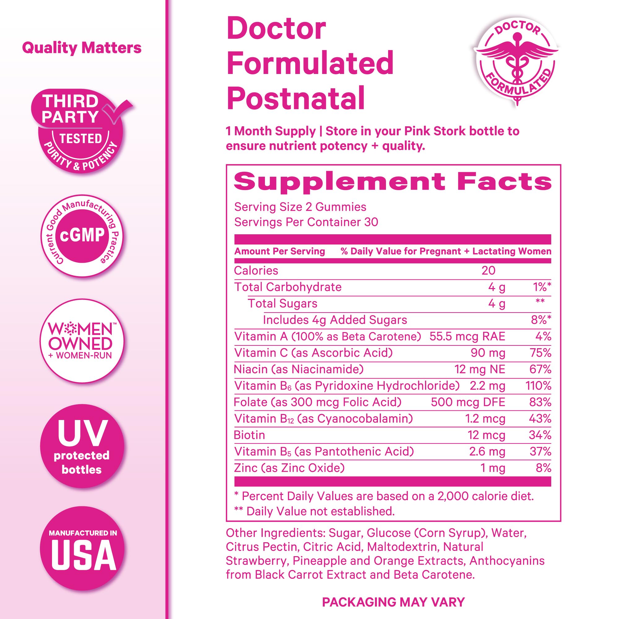 Postnatal vitamins for breastfeeding supplement facts from Pink Stork for new mothers.