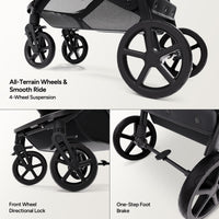 Convertible bassinet stroller with all-terrain wheels, smooth ride, front wheel directional lock, and one-step foot brake.