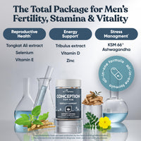 Ingredient breakdown for Conception for Him: tongkat ali, selenium and vitamin E, tribulus, vitamin D and zinc, and KSM-66 ashwagandha