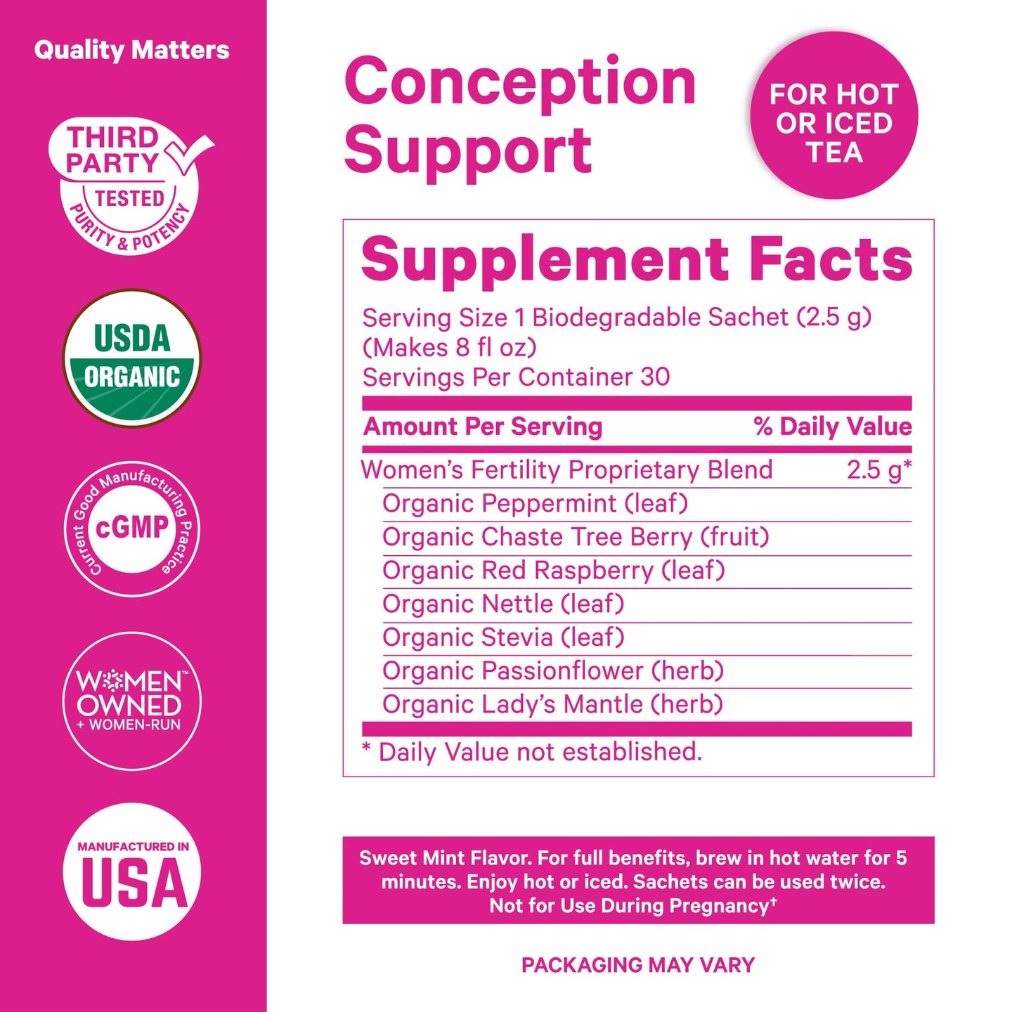 Supplement facts for Pink Stork Organic Fertility Tea for Women, highlighting hormone balance and reproductive support.