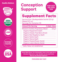 Supplement facts for Pink Stork Organic Fertility Tea for Women, highlighting hormone balance and reproductive support.