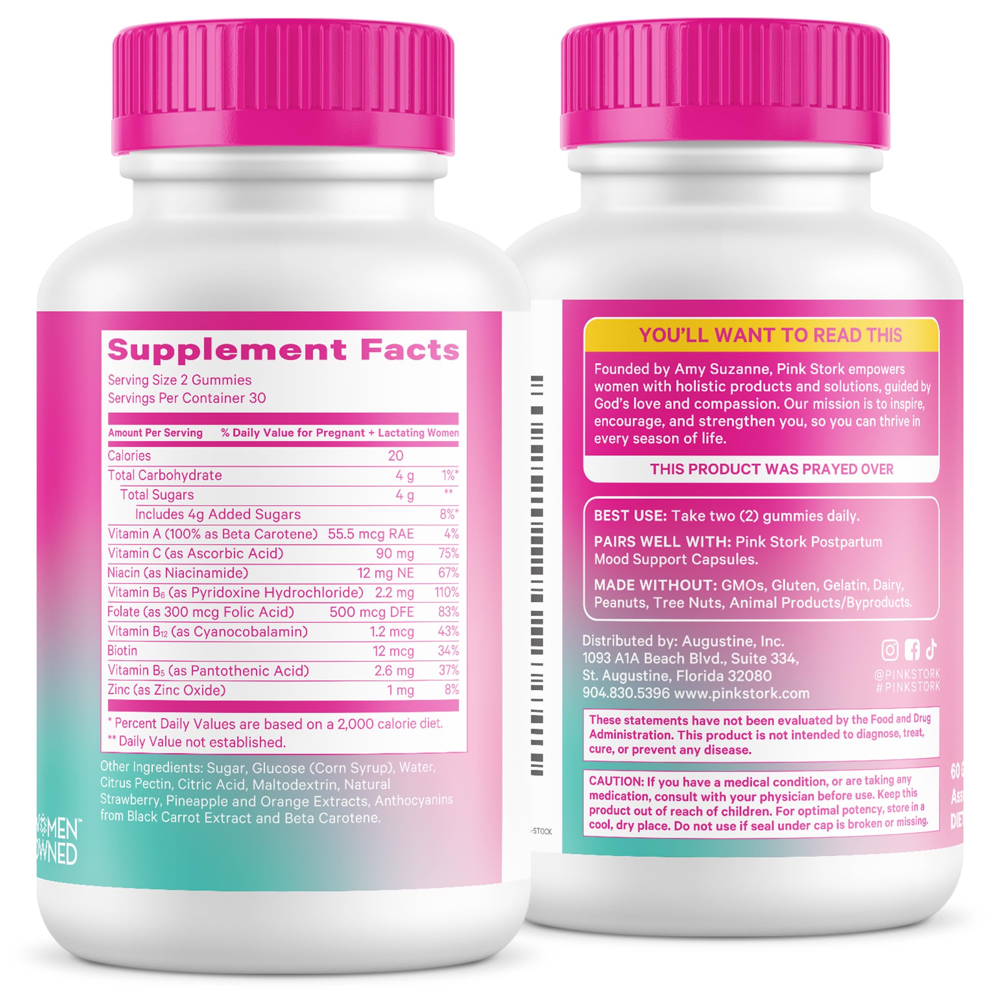 Postnatal vitamins for breastfeeding in gummy form by Pink Stork, showing nutritional facts and supplement details.