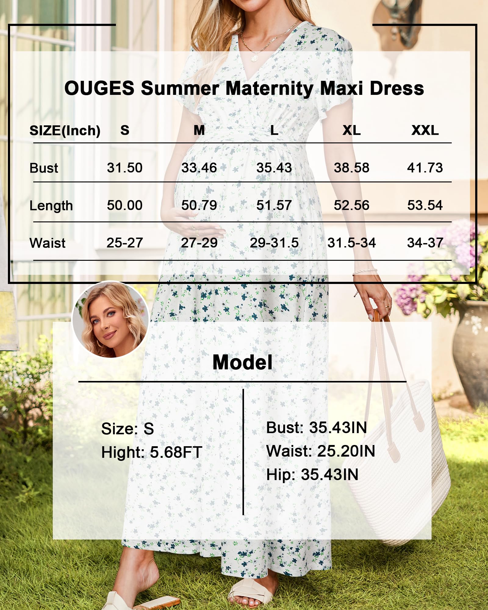 Model wearing OUGES Summer Maternity Maxi Dress showcasing size details and measurements.