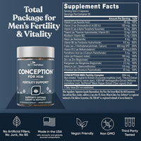 Conception for Him supplement facts: 22 mg zinc, 110 mcg selenium, 800 mcg DFE methylfolate and an 854 mg proprietary blend.