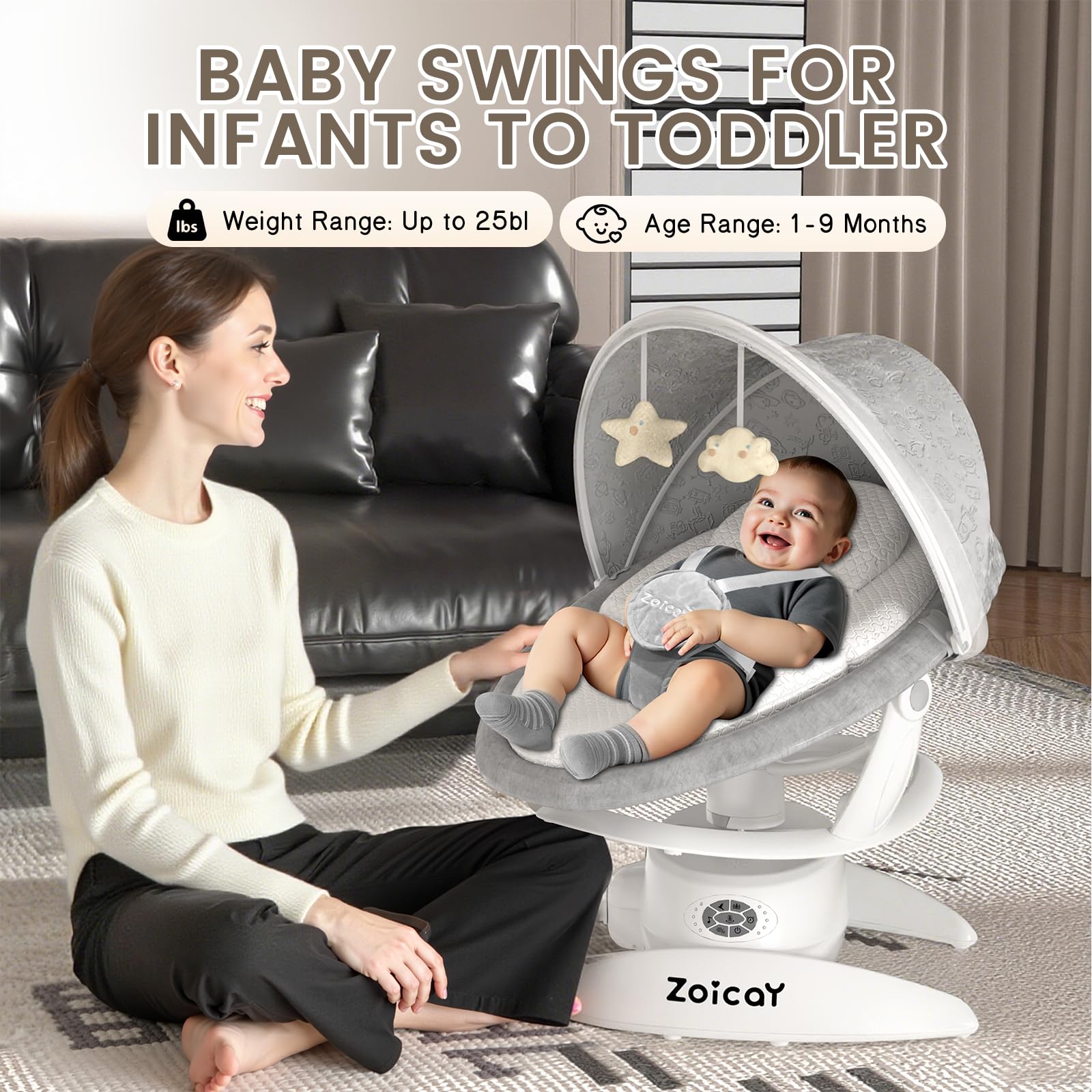 Mom with baby in Zoicay 3-in-1 baby swing for infants, featuring soothing design and adjustable features.