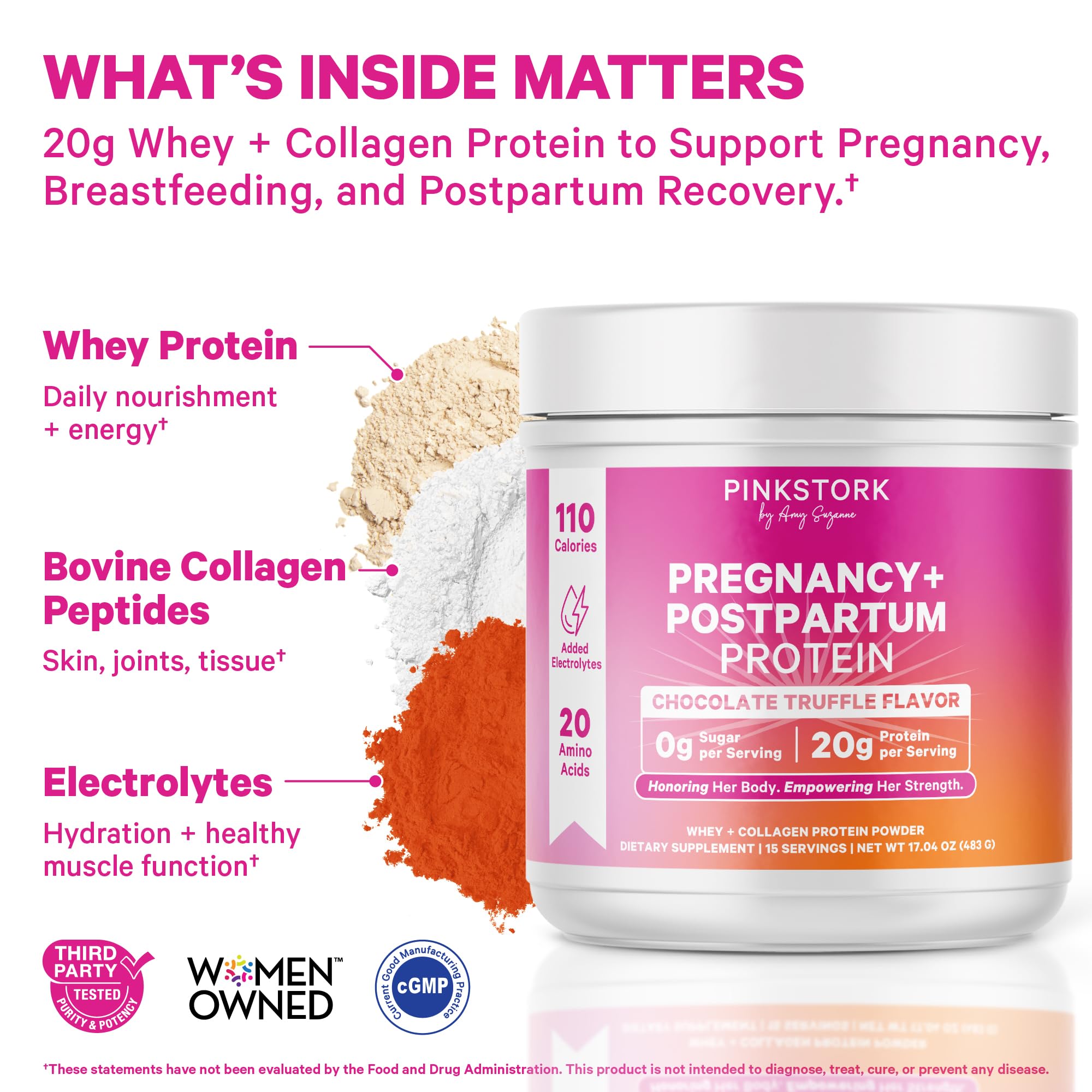 Pink Stork Pregnancy Protein Powder with whey and collagen for prenatal and postpartum nutrition.
