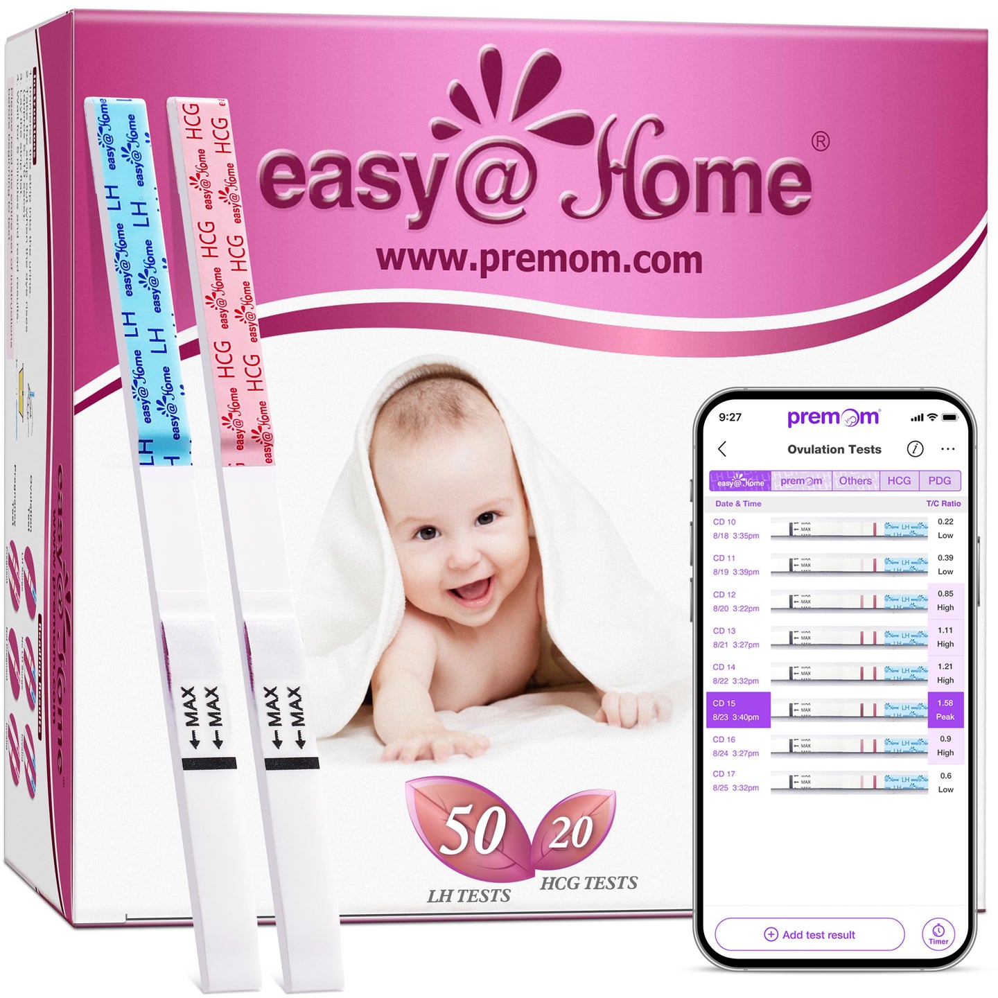 Ovulation and pregnancy test kit from Easy@Home with LH and HCG test strips for tracking fertility and pregnancy.