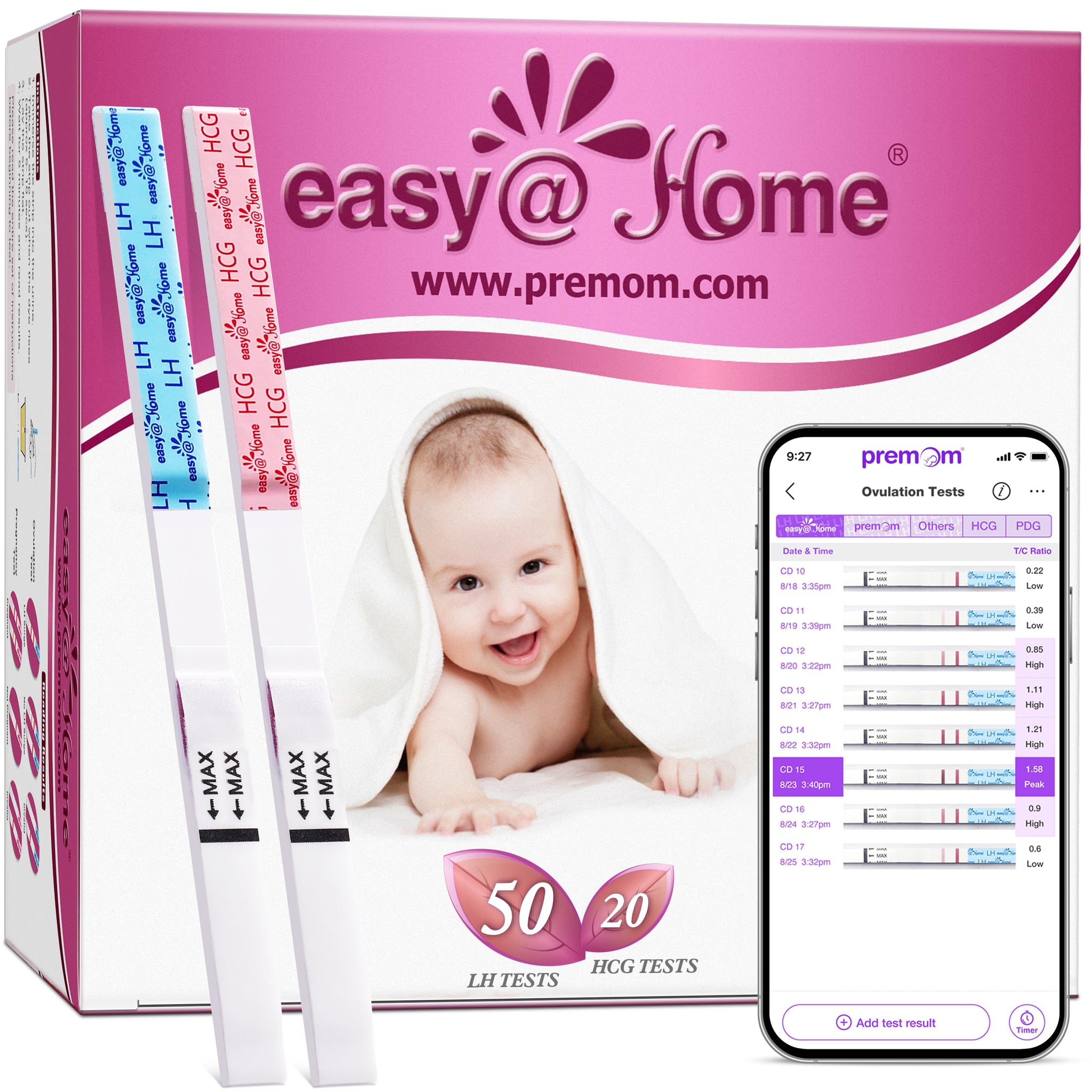 Ovulation and pregnancy test kit from Easy@Home with LH and HCG test strips for tracking fertility and pregnancy.