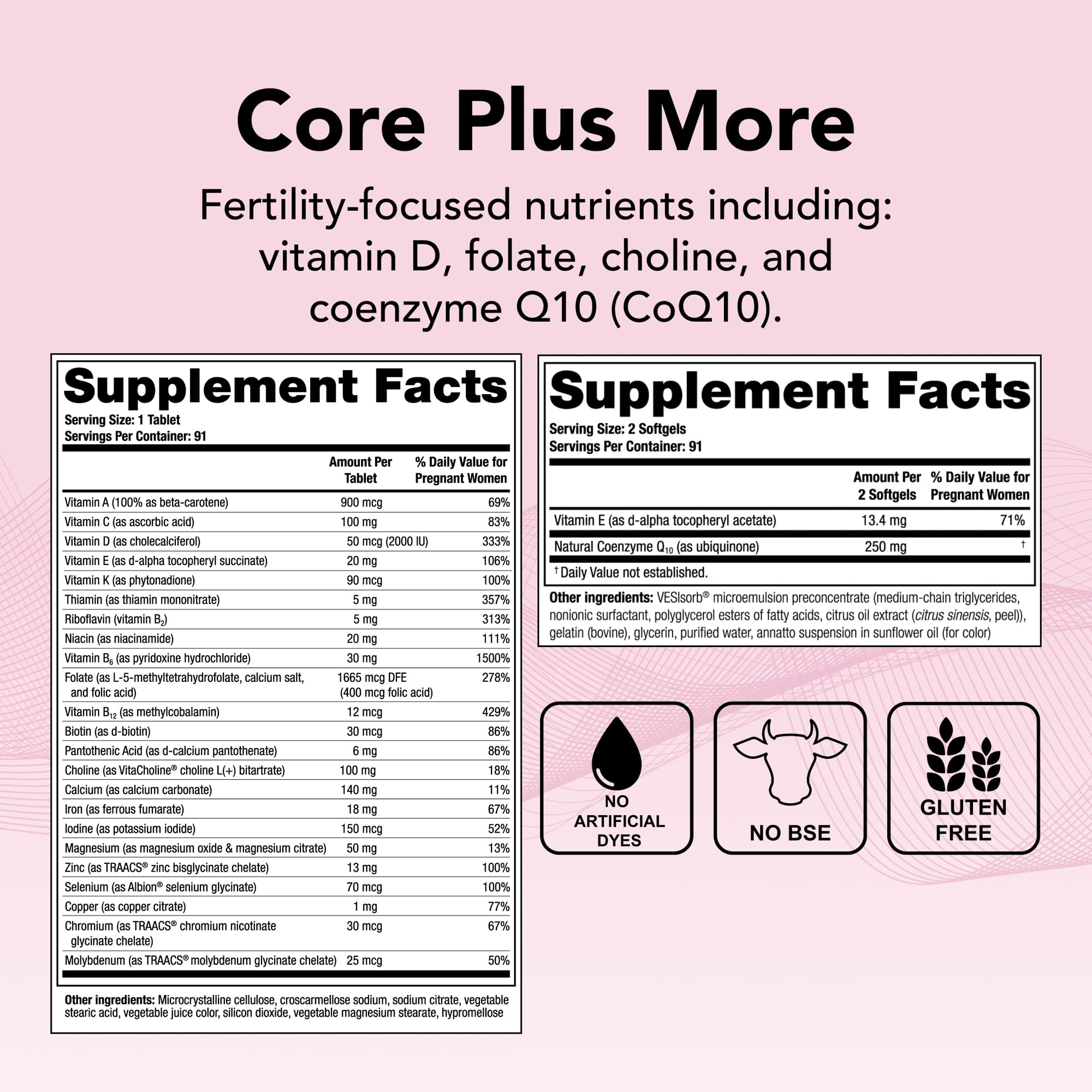 Supplement Facts for TheraNatal OvaVite Preconception Vitamin showing nutrient details for fertility support.