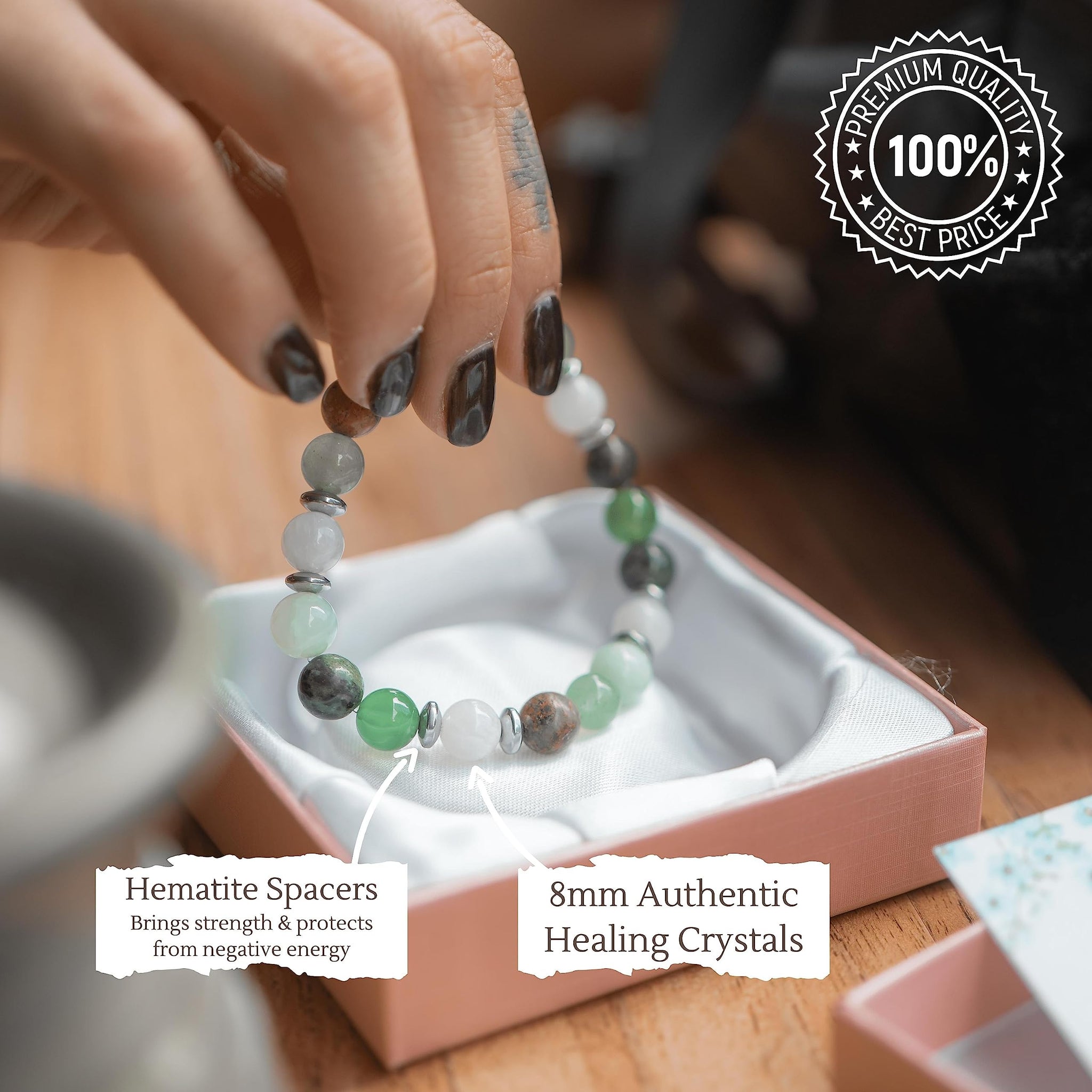 Fertility crystal bracelet featuring green aventurine and hematite spacers, handcrafted with authentic healing crystals.