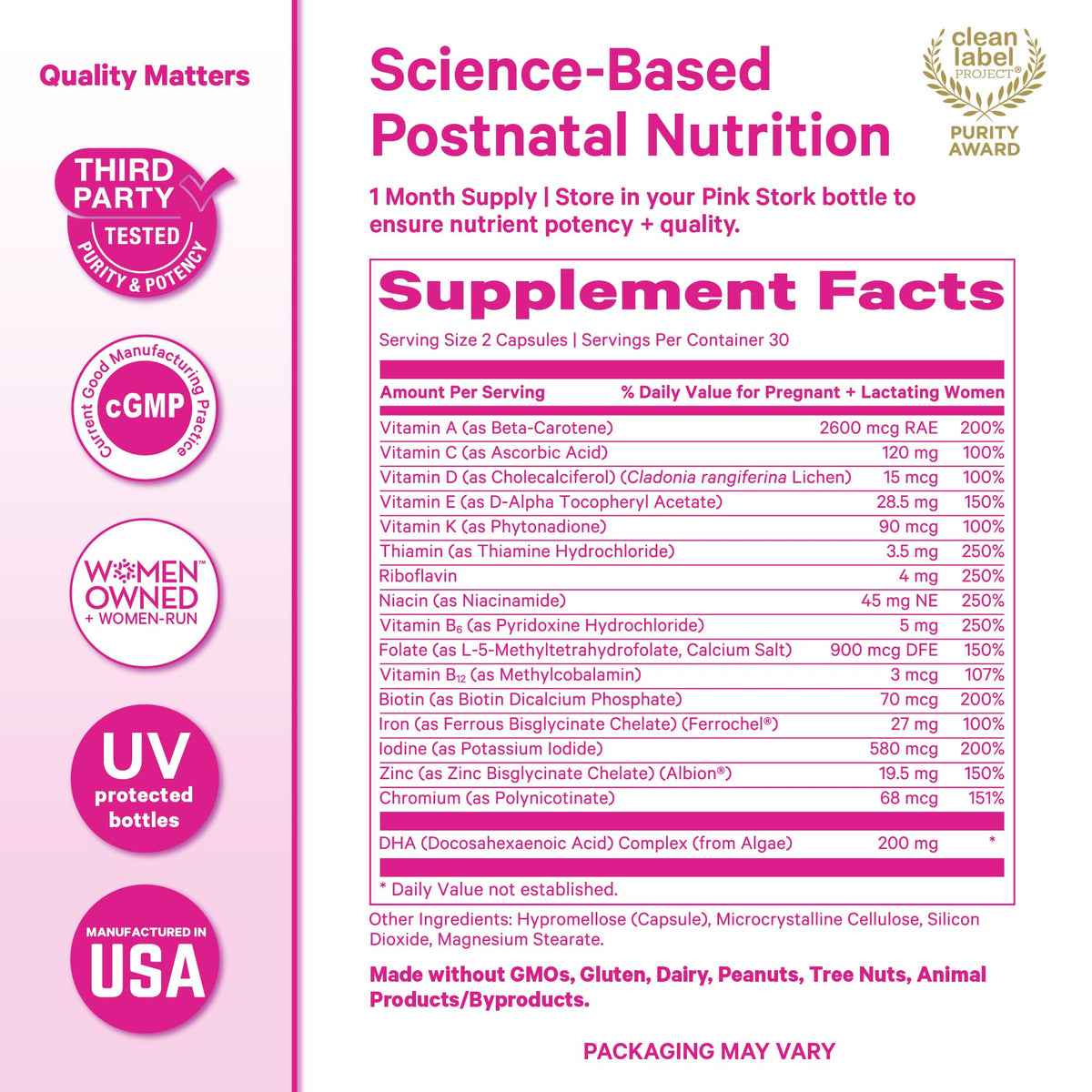 Supplement facts panel: 2 capsules per serving, 30 servings, with 27 mg iron as ferrous bisglycinate, 900 mcg DFE methylfolate, 580 mcg iodine and 200 mg algae DHA