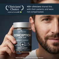 Clinicians' Choice badge stating that 450+ clinicians shared Conception for Him with patients without compensation