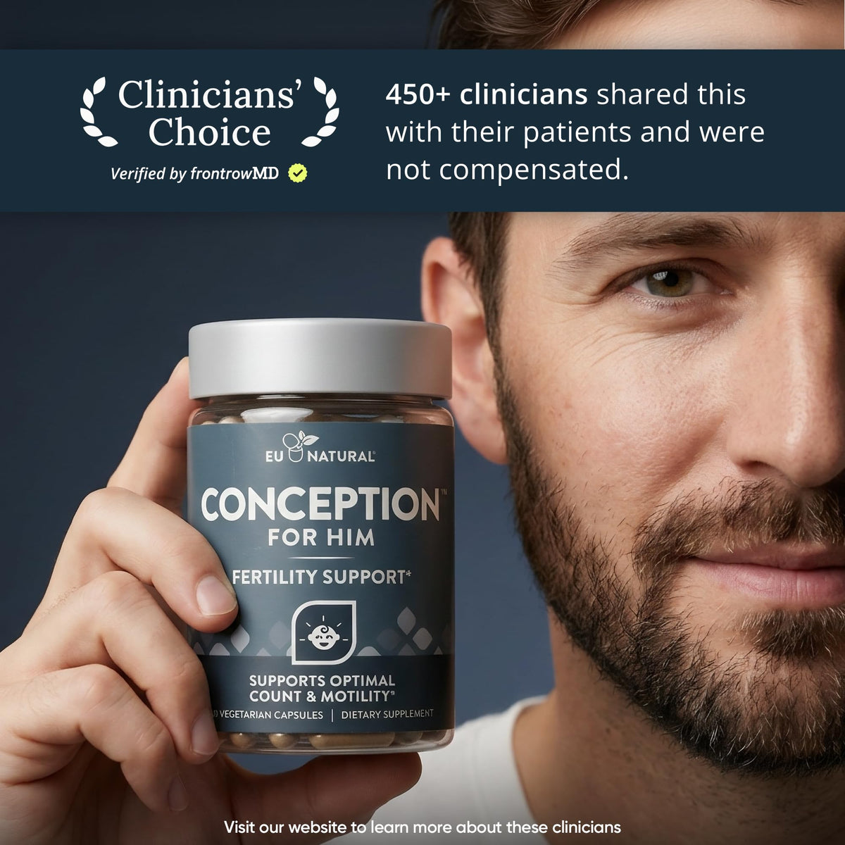 Clinicians' Choice badge stating that 450+ clinicians shared Conception for Him with patients without compensation