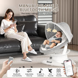 Baby swing for infants with manual remote, Bluetooth music, and adjustable features in a cozy setting.