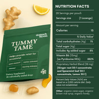 Ginger drops for pregnancy nausea - Stomach Bloom Tummy Tame supplement with nutrition facts panel.