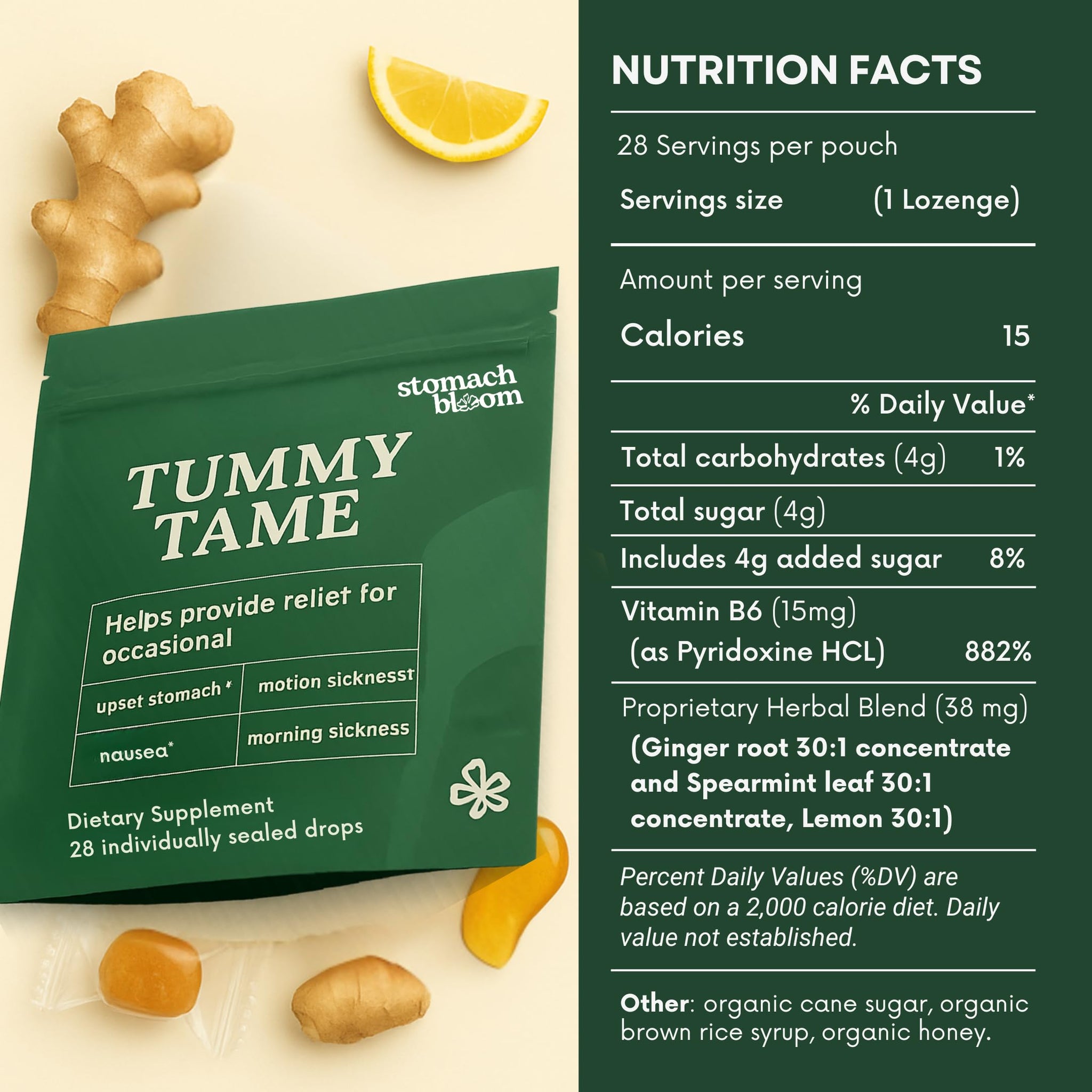 Ginger drops for pregnancy nausea - Stomach Bloom Tummy Tame supplement with nutrition facts panel.