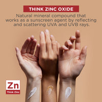 Zinc oxide sunscreen swatches on three hands with different skin tones, EltaMD Think Zinc graphic