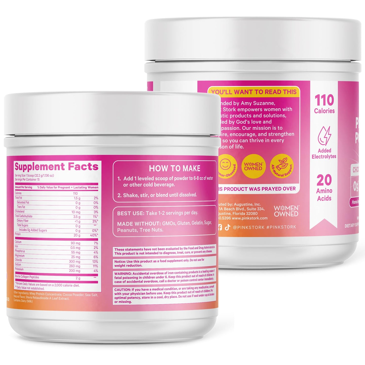 Pink Stork pregnancy protein powder supplement jars showing nutritional facts and preparation instructions.