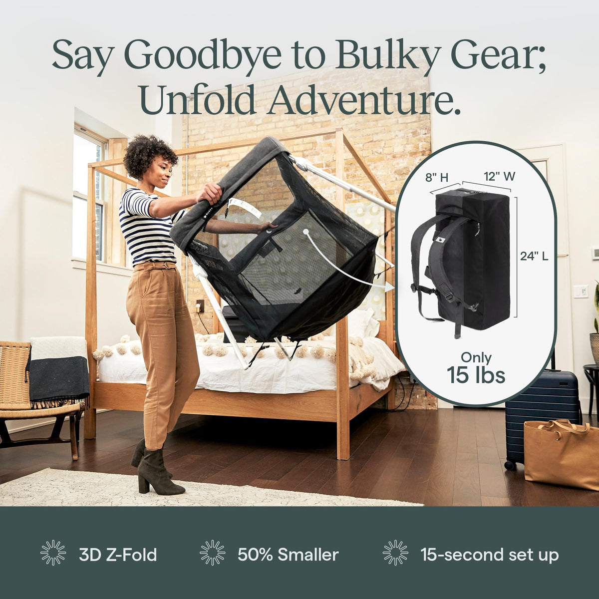 Woman unfolding the Guava Lotus travel crib, with the 15 lb backpack it packs into