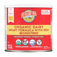 Earth's Best Organic Dairy Infant Formula with Iron, 21 oz can, designed for babies up to 12 months, supports growth and development.