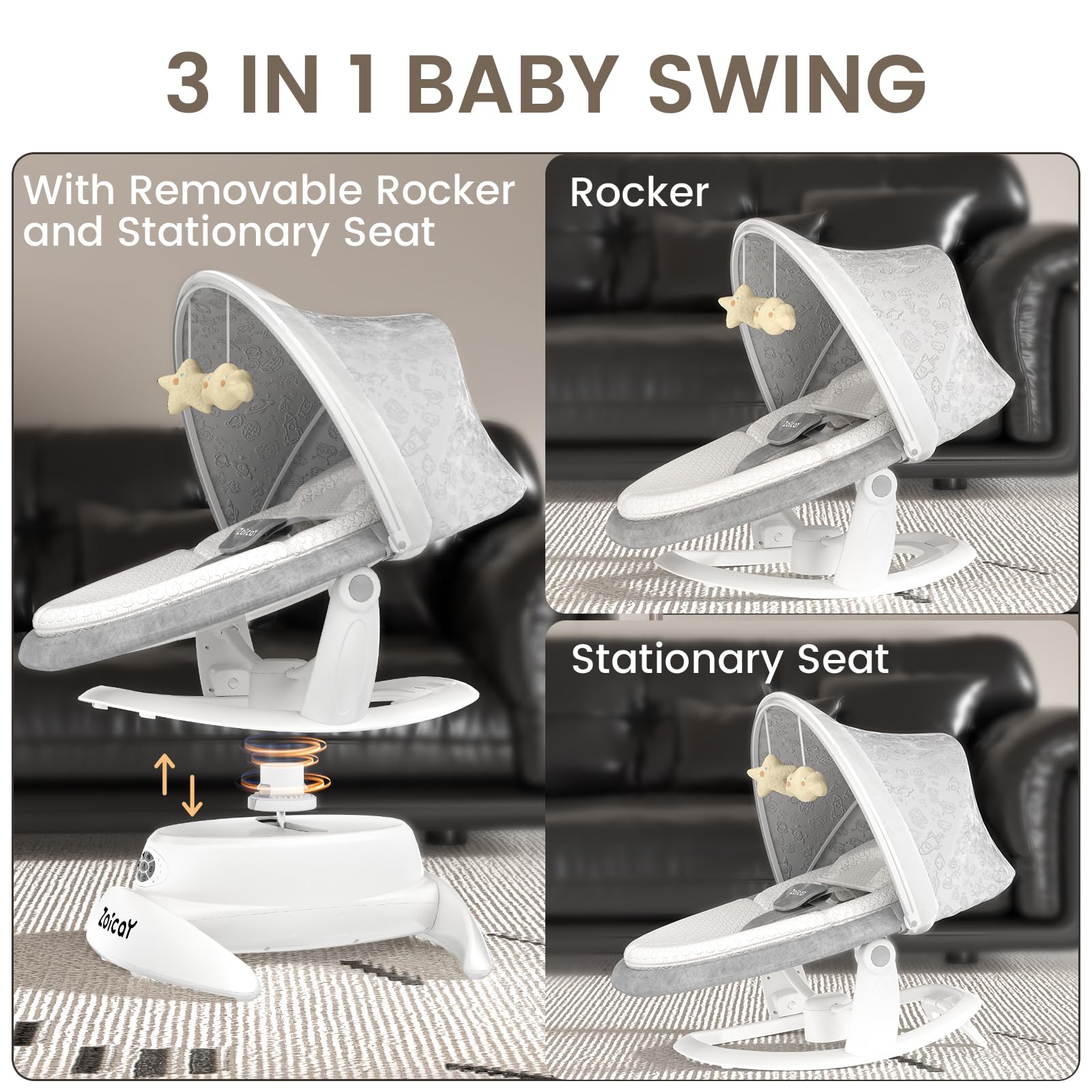 Baby swing for infants featuring removable rocker and stationary seat, showcasing its versatile 3-in-1 design.
