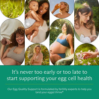Image collage of women including mothers and pregnant women promoting egg quality supplement for fertility.
