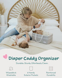 Baby diaper caddy with durable and washable design, featuring 8 exterior pockets for newborn essentials.