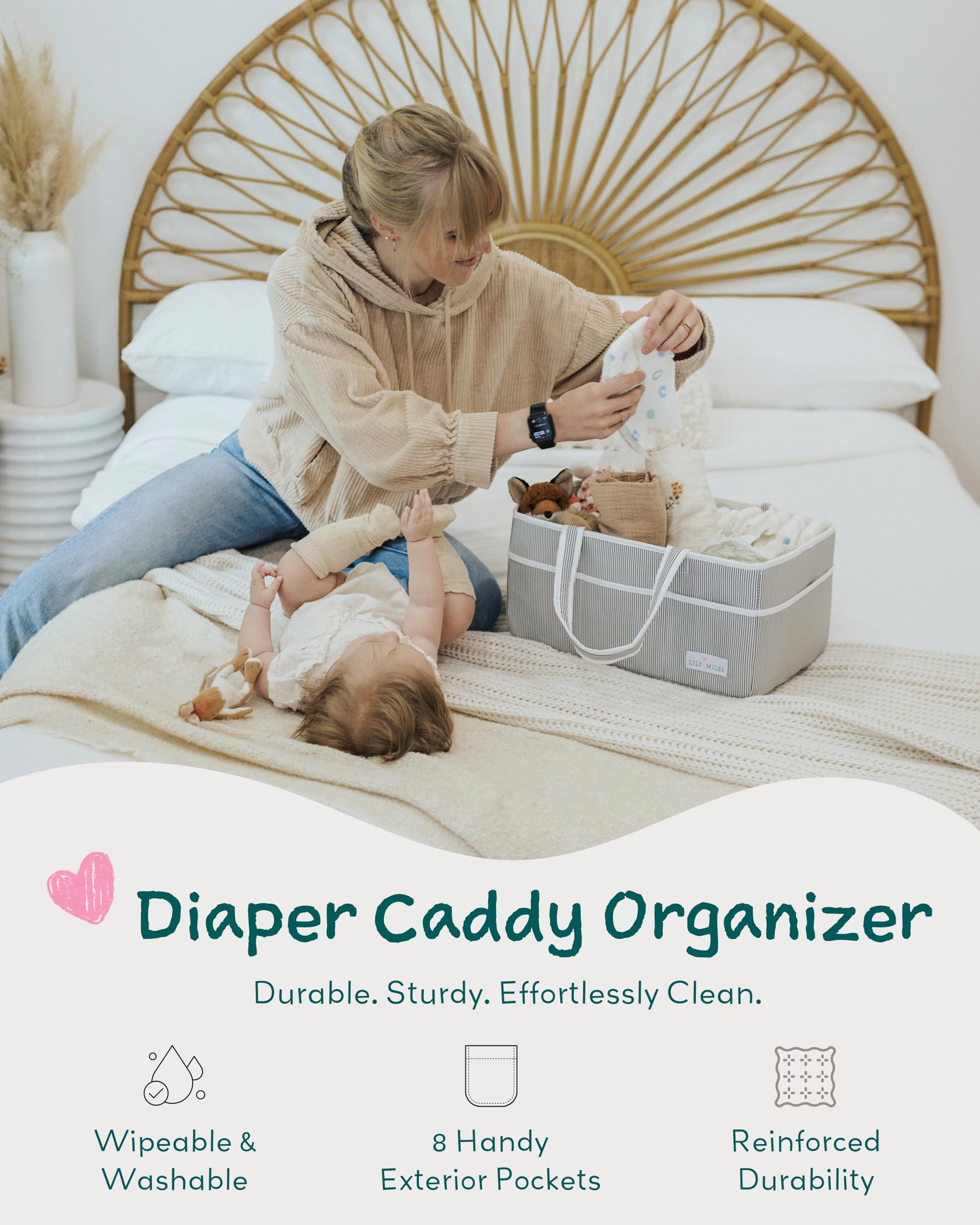 Baby diaper caddy with durable and washable design, featuring 8 exterior pockets for newborn essentials.