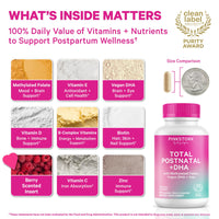 What is inside Pink Stork Total Postnatal: methylated folate, vitamin E, vegan DHA, vitamin D, B-complex, biotin, vitamin C and zinc, with a capsule shown next to a coin for size