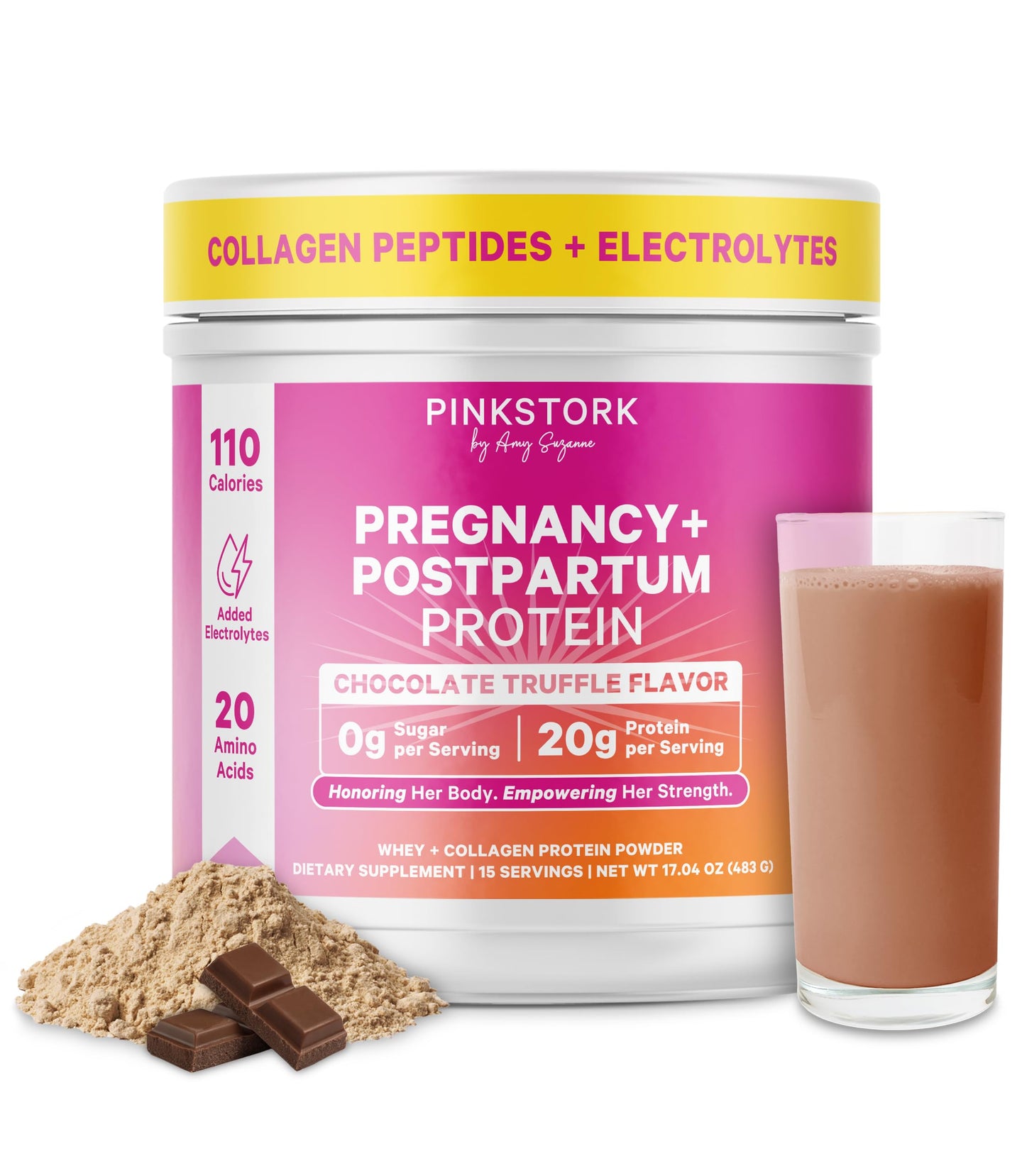 Pink Stork Pregnancy Protein Powder Chocolate Truffle Flavor with drink and chocolate pieces.