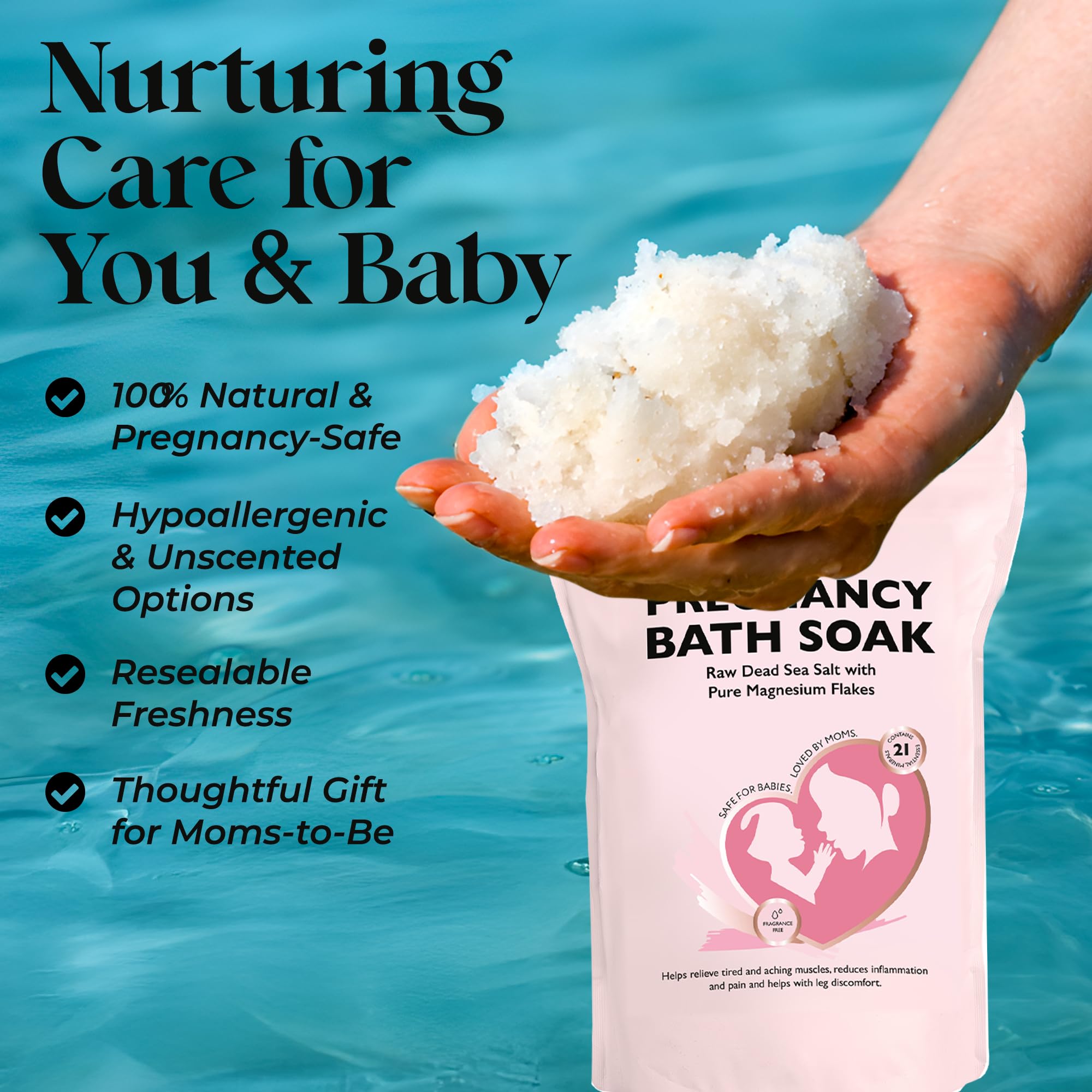 Woman holding magnesium bath soak while promoting pregnancy bath soak for moms-to-be, emphasizing natural and unscented benefits.