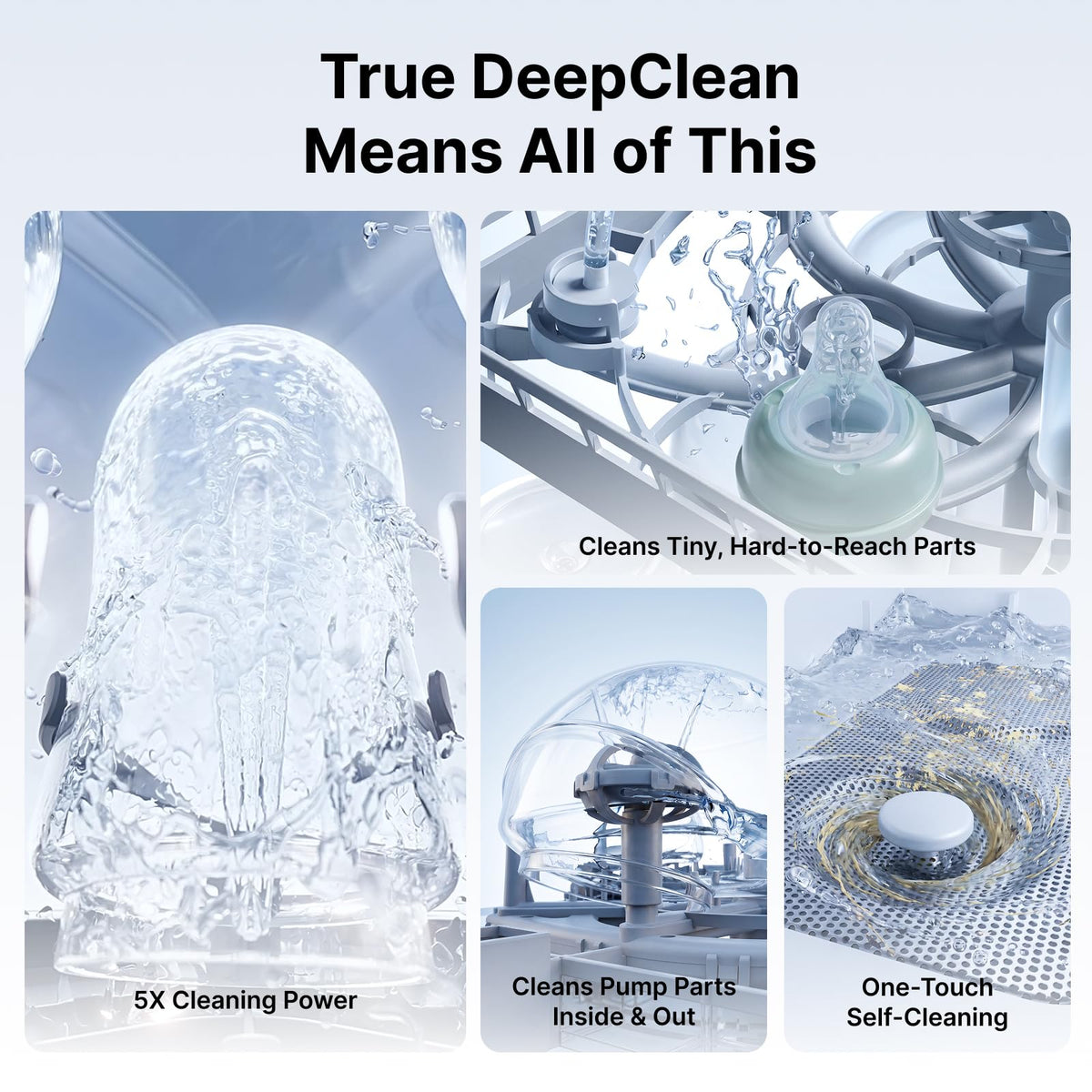 Momcozy graphic of the D8 cleaning pump parts and small accessories, with its self-clean mode