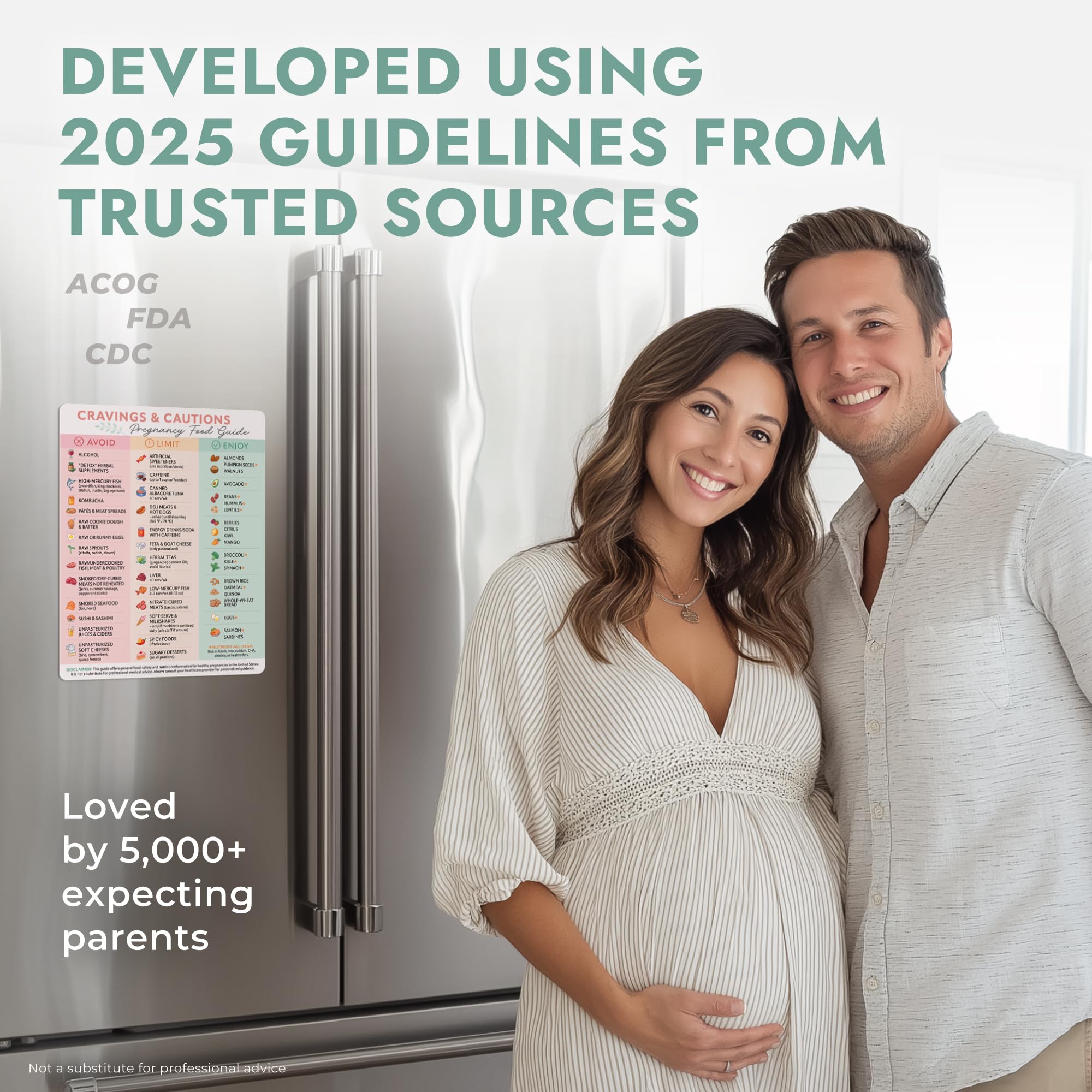 Pregnancy food guide magnet displayed on a fridge, providing essential dietary tips for expecting parents.