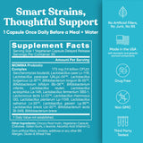 Supplement facts for Prenatal probiotics for pregnancy showing ingredients and benefits on a teal background.
