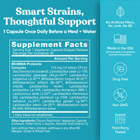 Supplement facts for Prenatal probiotics for pregnancy showing ingredients and benefits on a teal background.