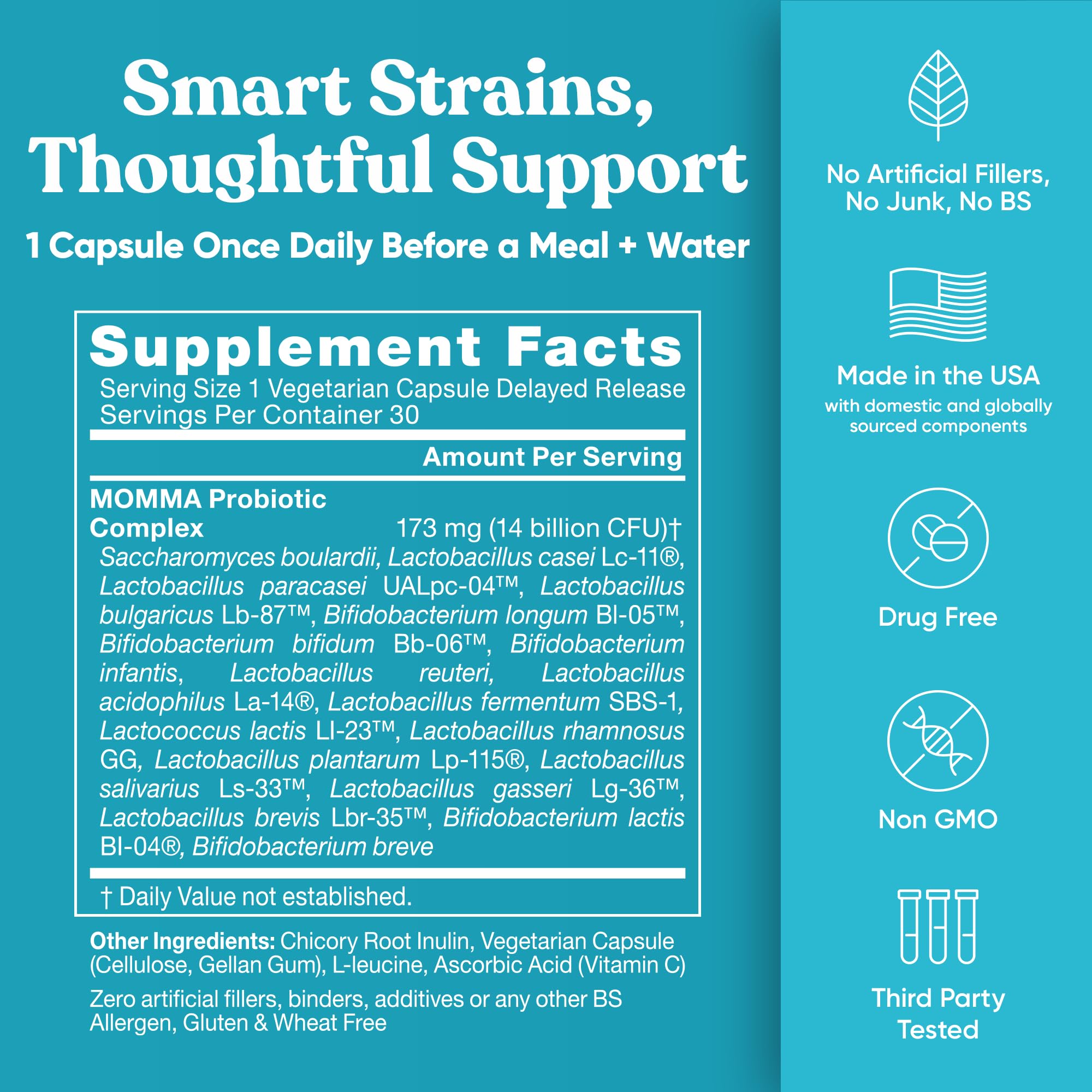 Supplement facts for Prenatal probiotics for pregnancy showing ingredients and benefits on a teal background.