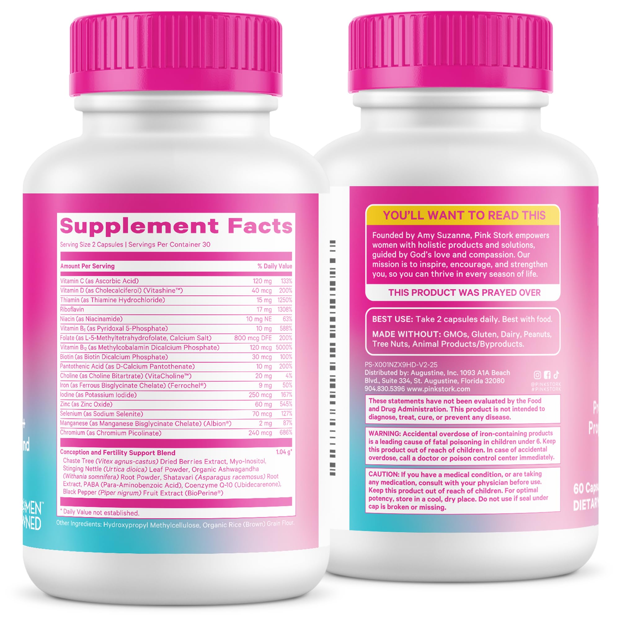 Pink Stork 2-in-1 fertility support prenatal vitamins to get pregnant, supplement facts and usage instructions.