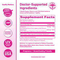 Magnesium Glycinate for Pregnancy supplement facts showing doctor-supported ingredients and dosage information.