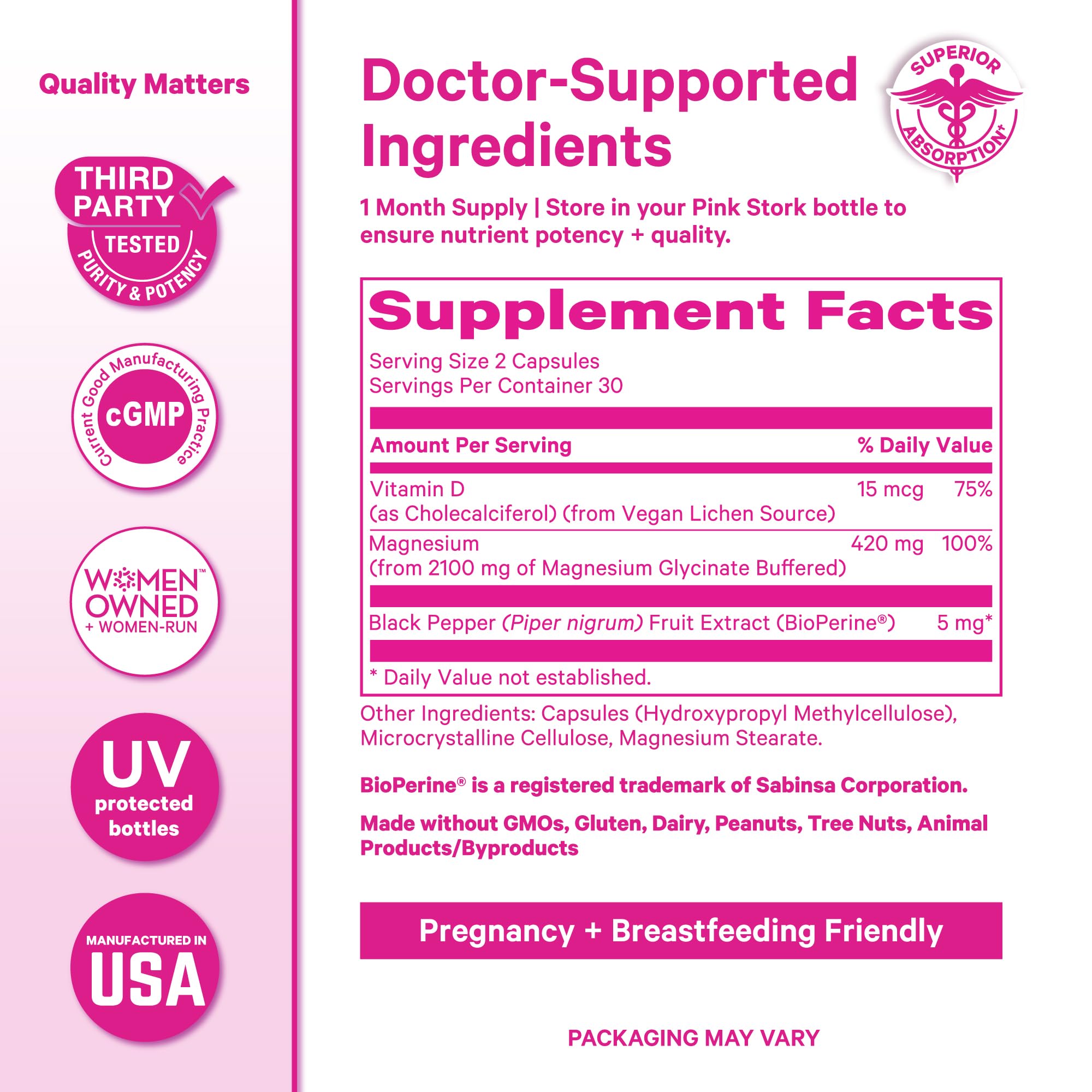 Magnesium Glycinate for Pregnancy supplement facts showing doctor-supported ingredients and dosage information.