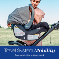 Infant car seat shown with one-hand click-in attachment for easy mobility and travel system functionality.
