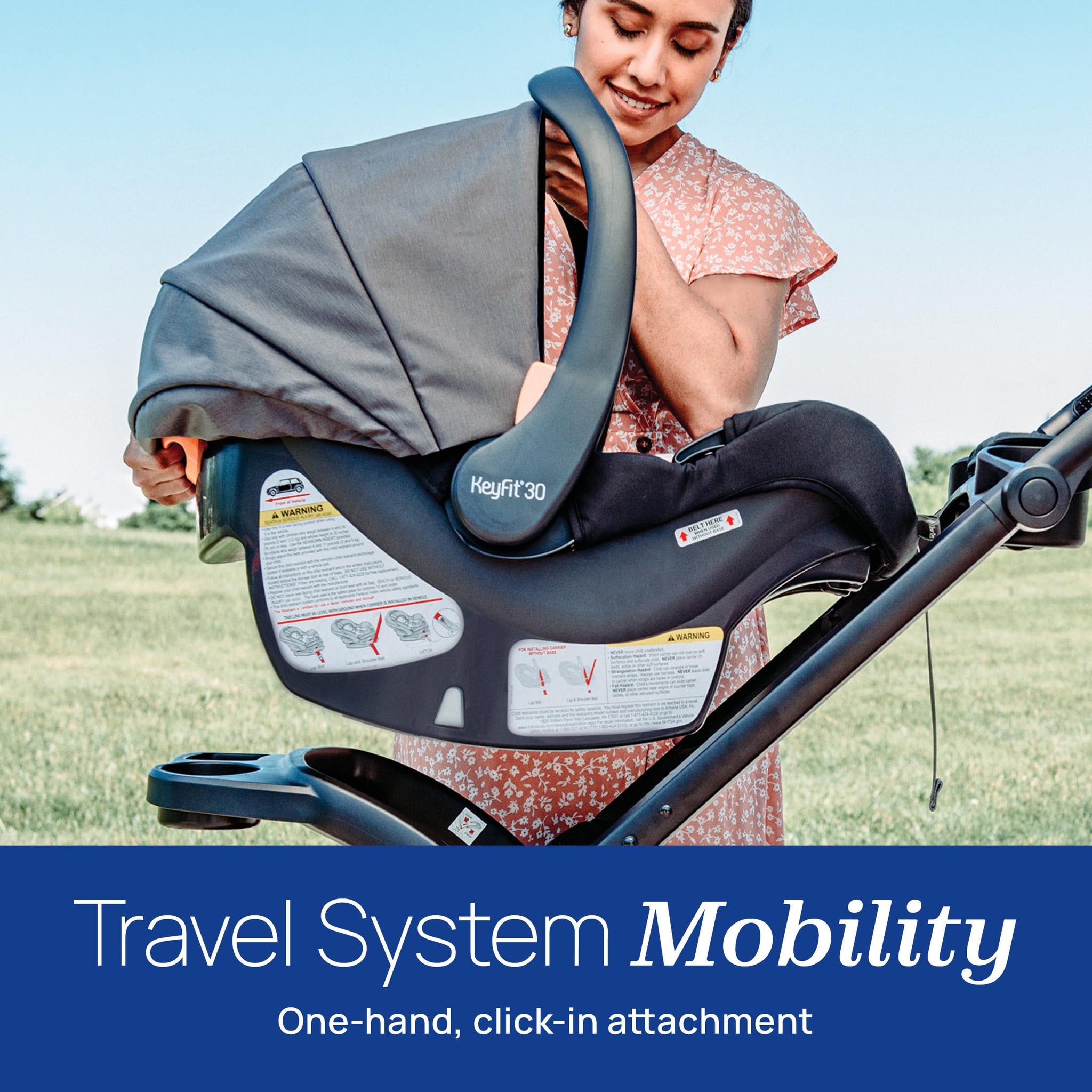 Infant car seat shown with one-hand click-in attachment for easy mobility and travel system functionality.