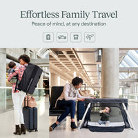 Parents carrying the Guava Lotus travel crib as a backpack through an airport and setting it up at the gate