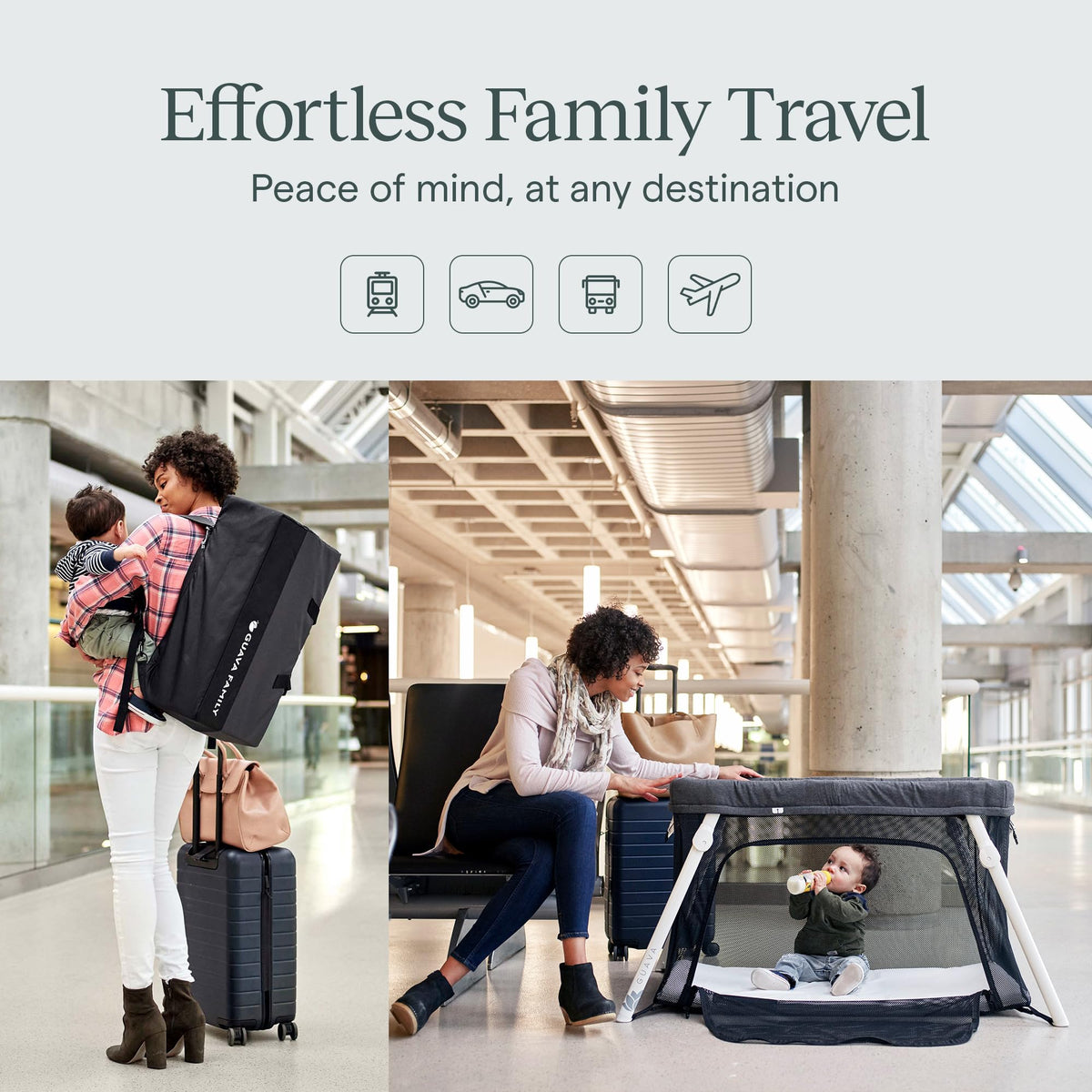 Parents carrying the Guava Lotus travel crib as a backpack through an airport and setting it up at the gate