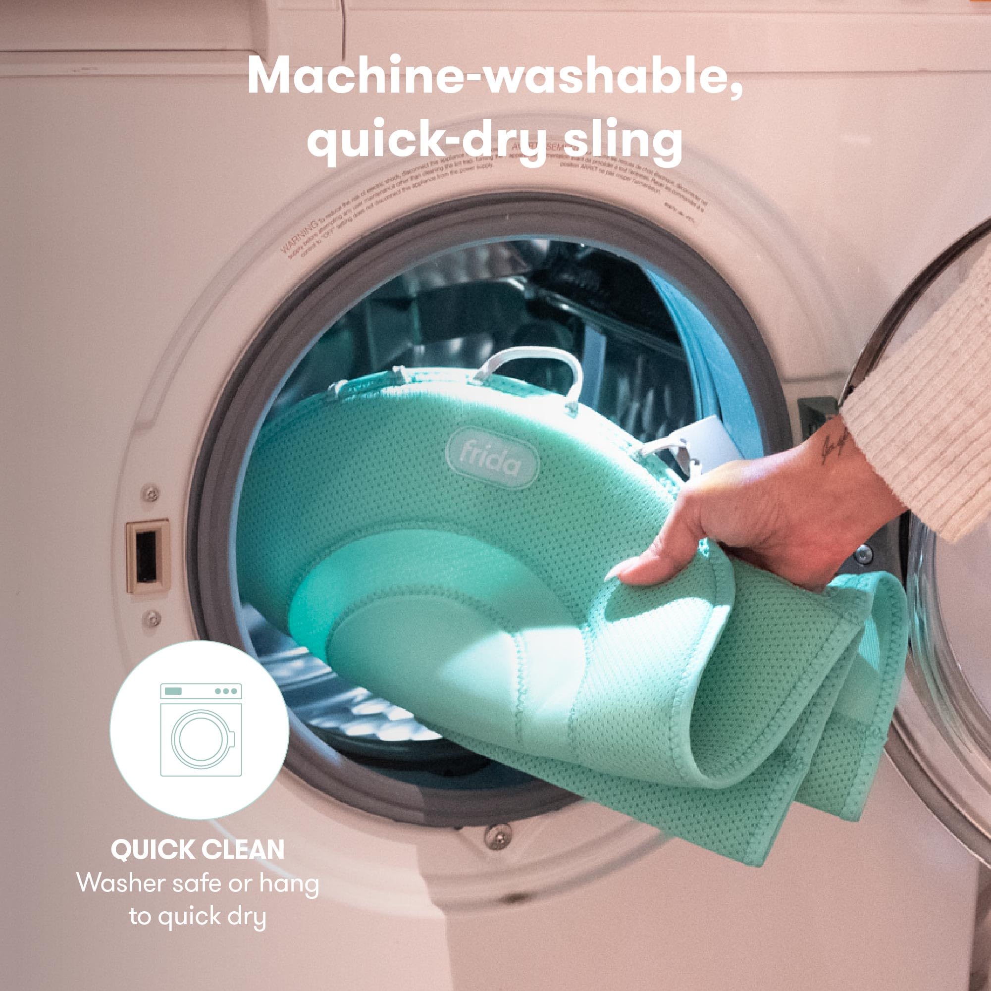 Machine-washable, quick-dry sling for baby bathtub by Frida Baby, placed in washing machine for easy cleaning.