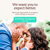 Couple embracing with text about fertility support. Fertility supplement for women to enhance egg quality and ovulation.