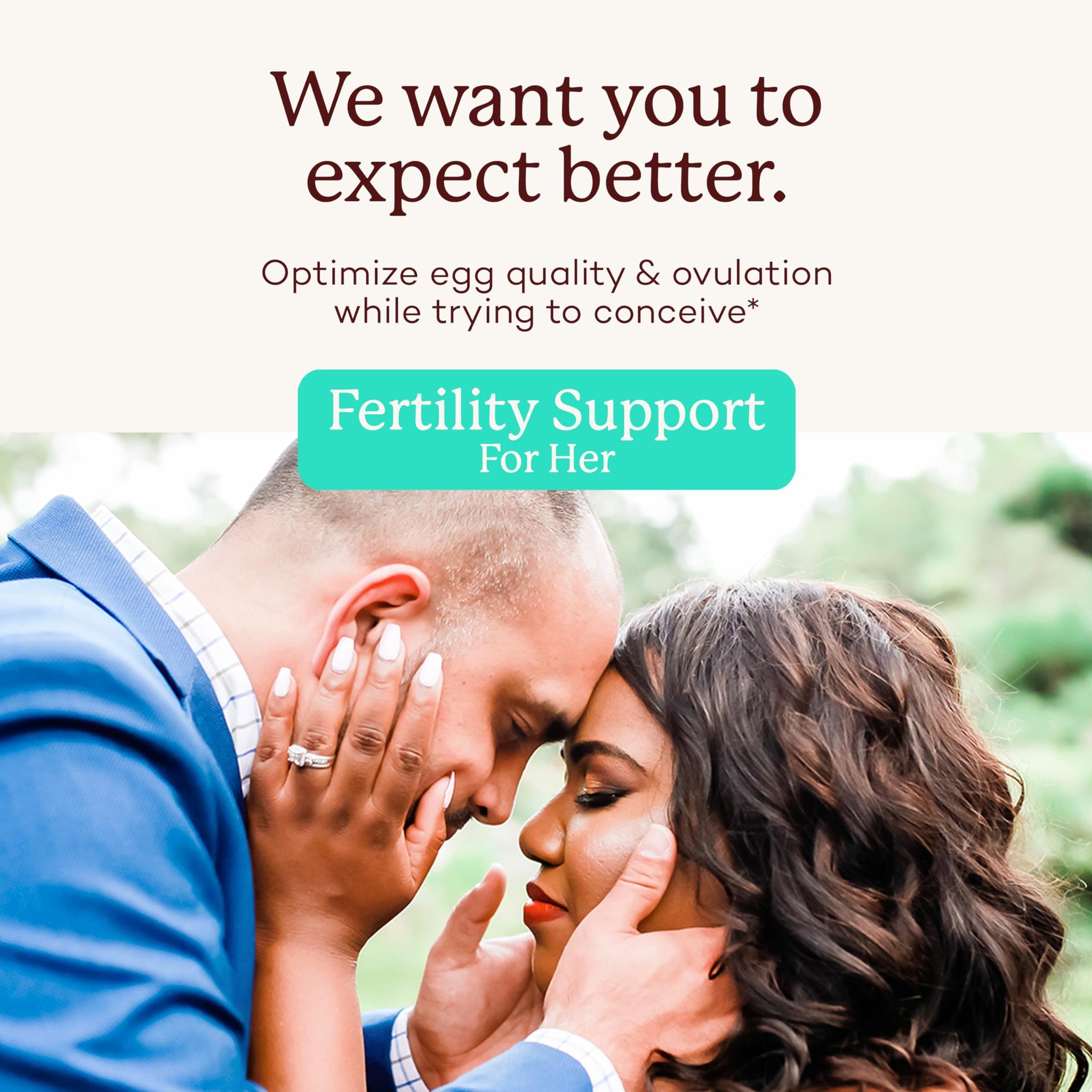 Couple embracing with text about fertility support. Fertility supplement for women to enhance egg quality and ovulation.