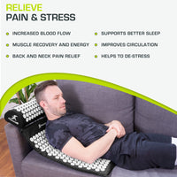 Man relaxing on an acupressure mat and pillow, highlighting benefits like pain relief, better sleep, and improved circulation.
