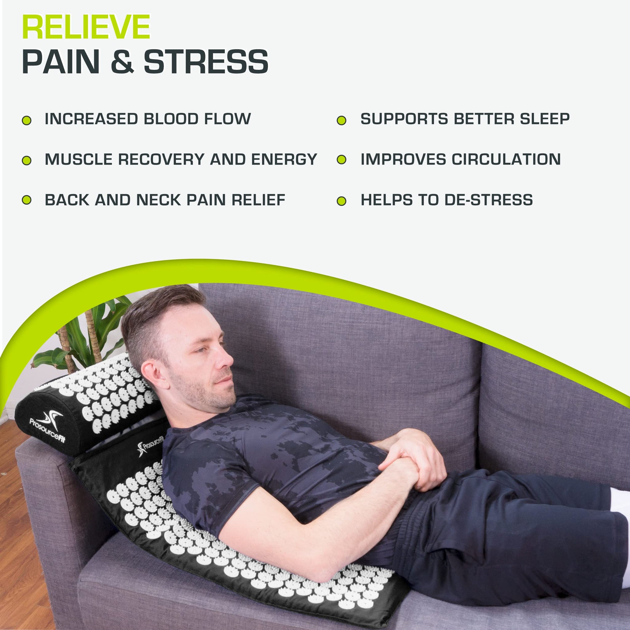 Man relaxing on an acupressure mat and pillow, highlighting benefits like pain relief, better sleep, and improved circulation.