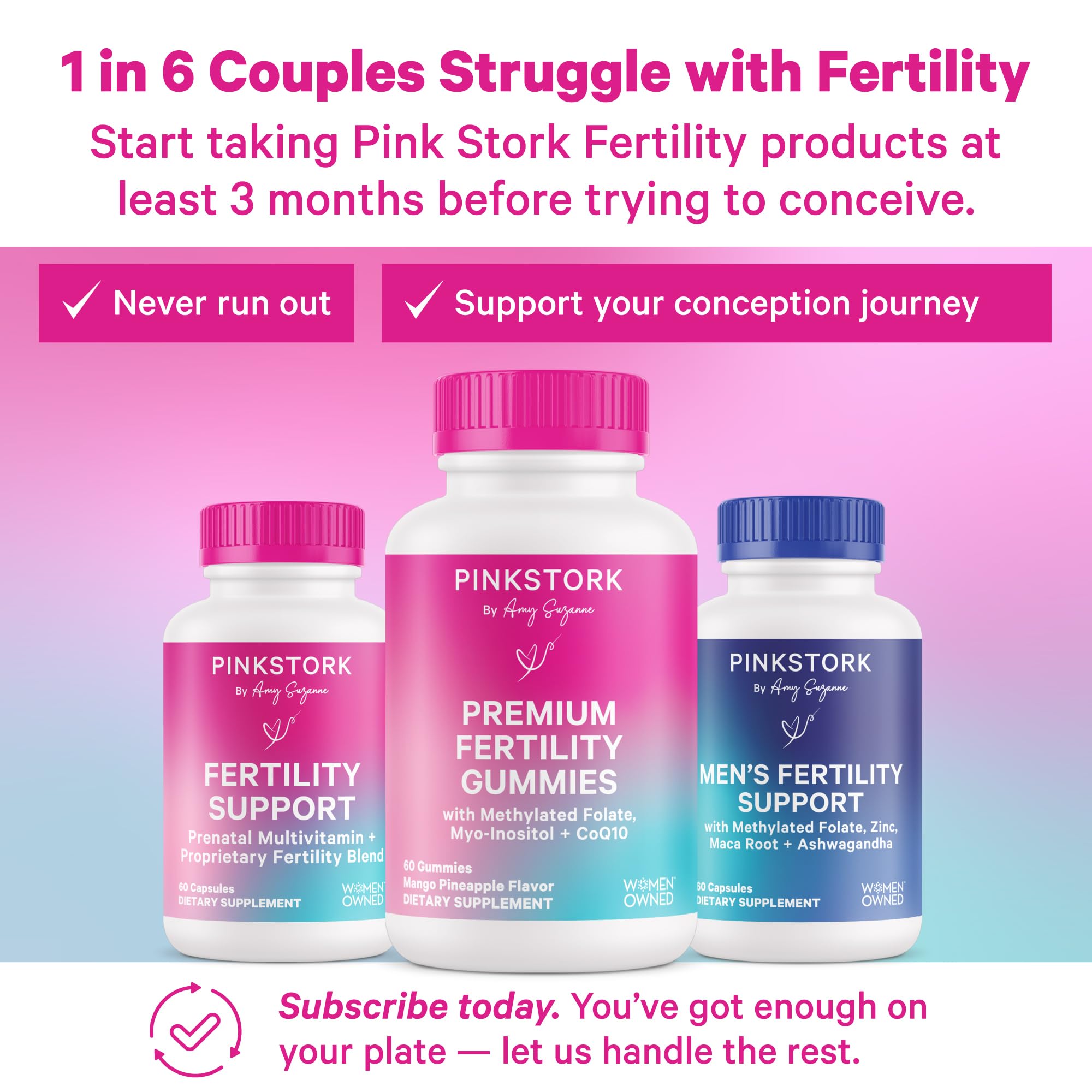 Fertility tea for women by Pink Stork, featuring Premium Fertility Gummies and Men's Fertility Support products.